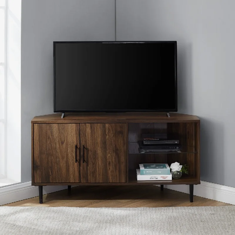 Walker Edison 48" 2 Door Glass Shelf Corner TV Console - Dark Walnut