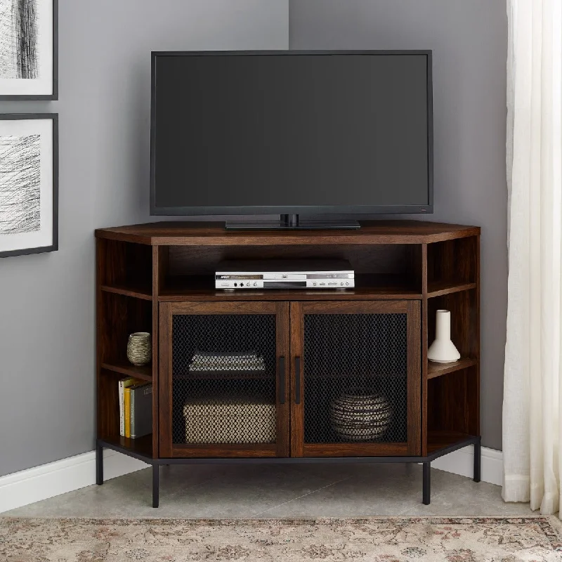 Walker Edison 48" Industrial Mesh Door Corner TV Console - Dark Walnut