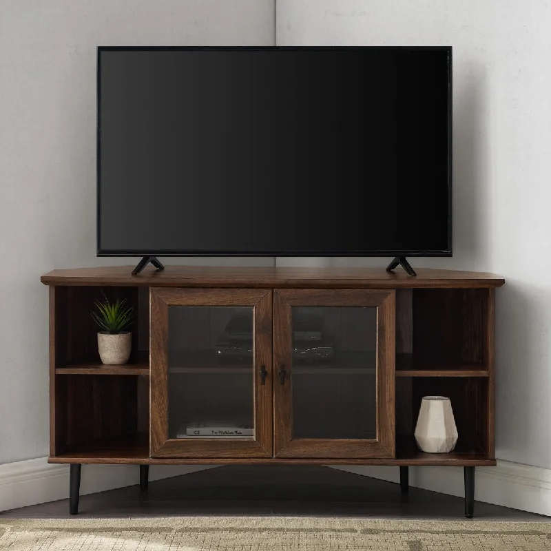 Walker Edison 48" Simple Glass Door Corner TV Console - Dark Walnut