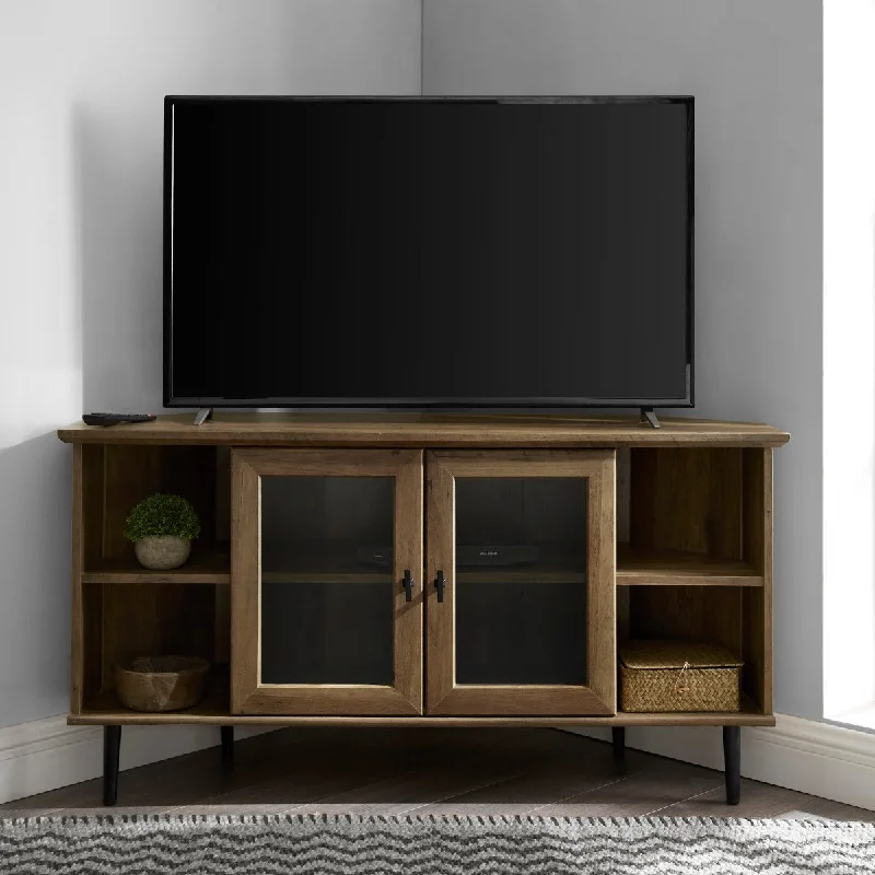 Walker Edison 48" Simple Glass Door Corner TV Console - Reclaimed Barnwood