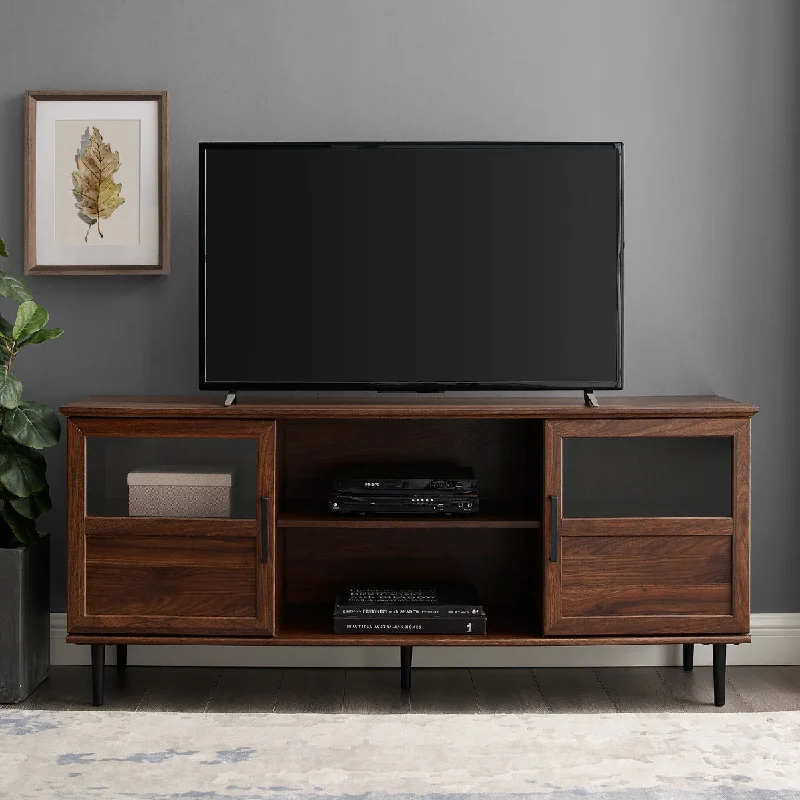 Walker Edison 58" Glass & Wood Split Panel Door TV Console - Dark Walnut