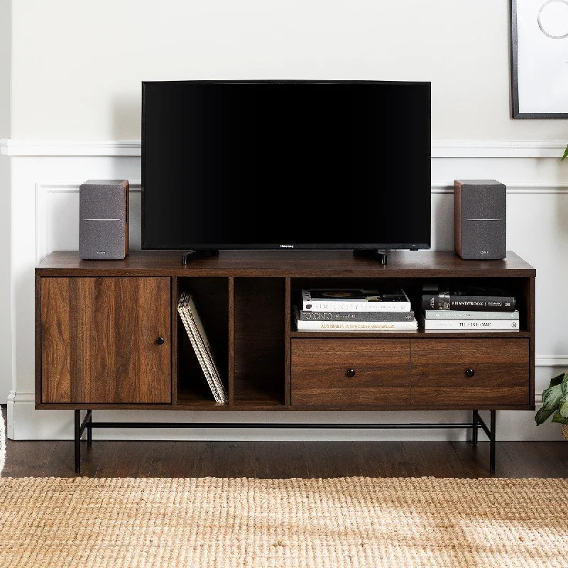 Walker Edison 60" Modern TV Console with Record Storage - Dark Walnut