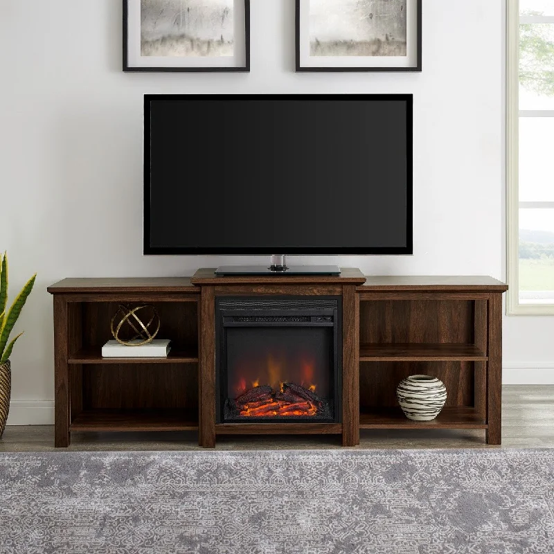 Walker Edison 70" Tiered Top Open Shelf Fireplace TV Console - Dark Walnut