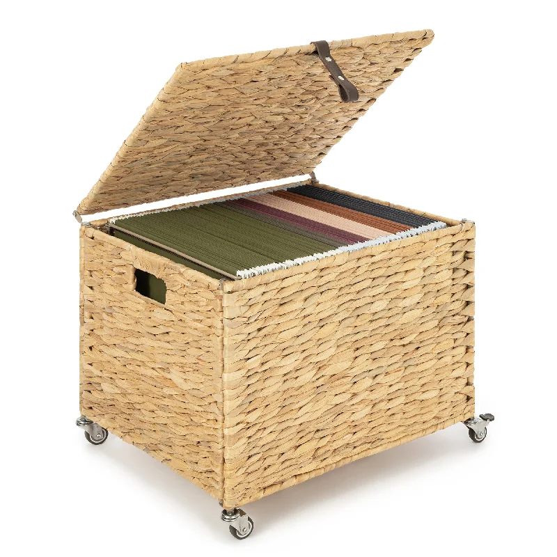 Wicker Rolling File Organizer Box with Lid and Wheels