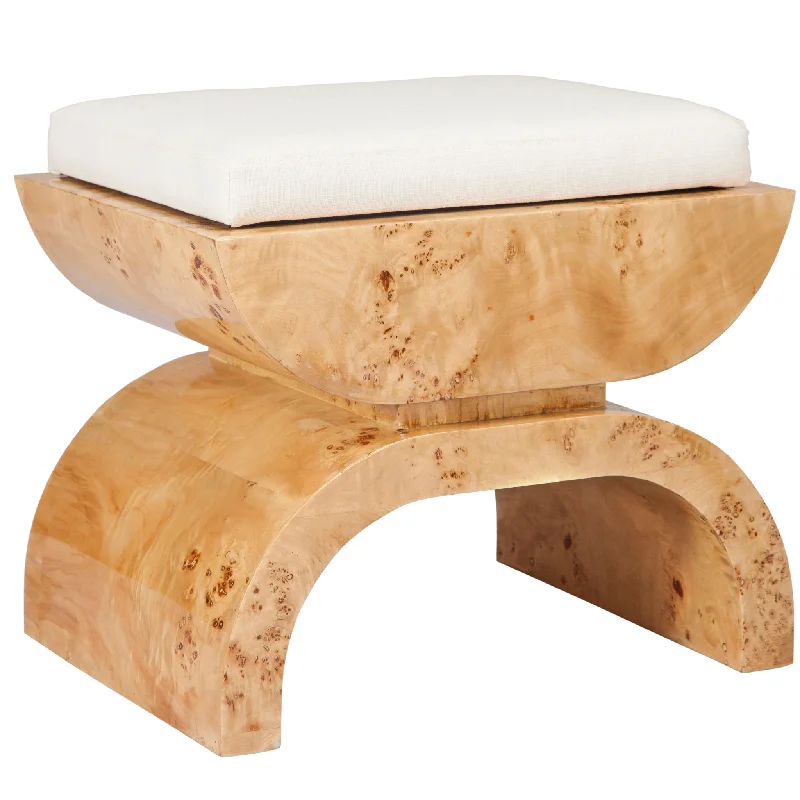 Biggs Burl Wood Stool with White Linen Cushion