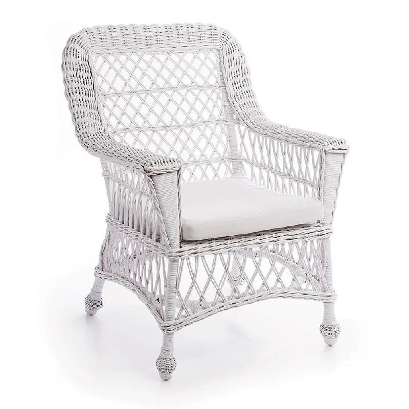 Woven Wicker Arm Chair in White with Cushion